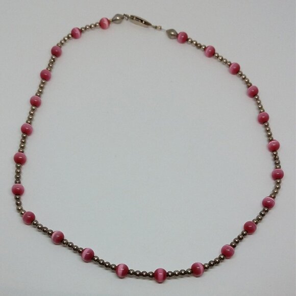Vintage sterling silver 925 pink cat eye beads collar necklace single strand. - Picture 1 of 4